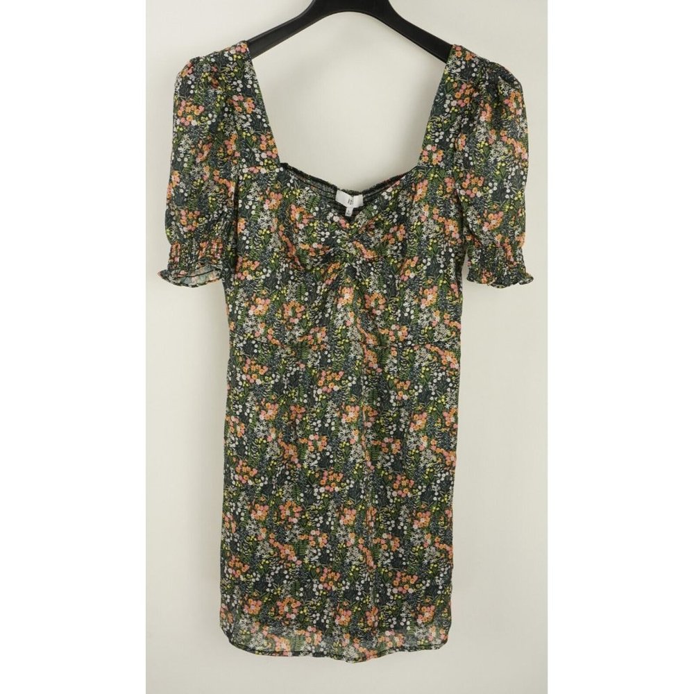 New NSR Women's Size L Green‎ Floral Puff Sleeve Gathered Sweetheart Mini Dress